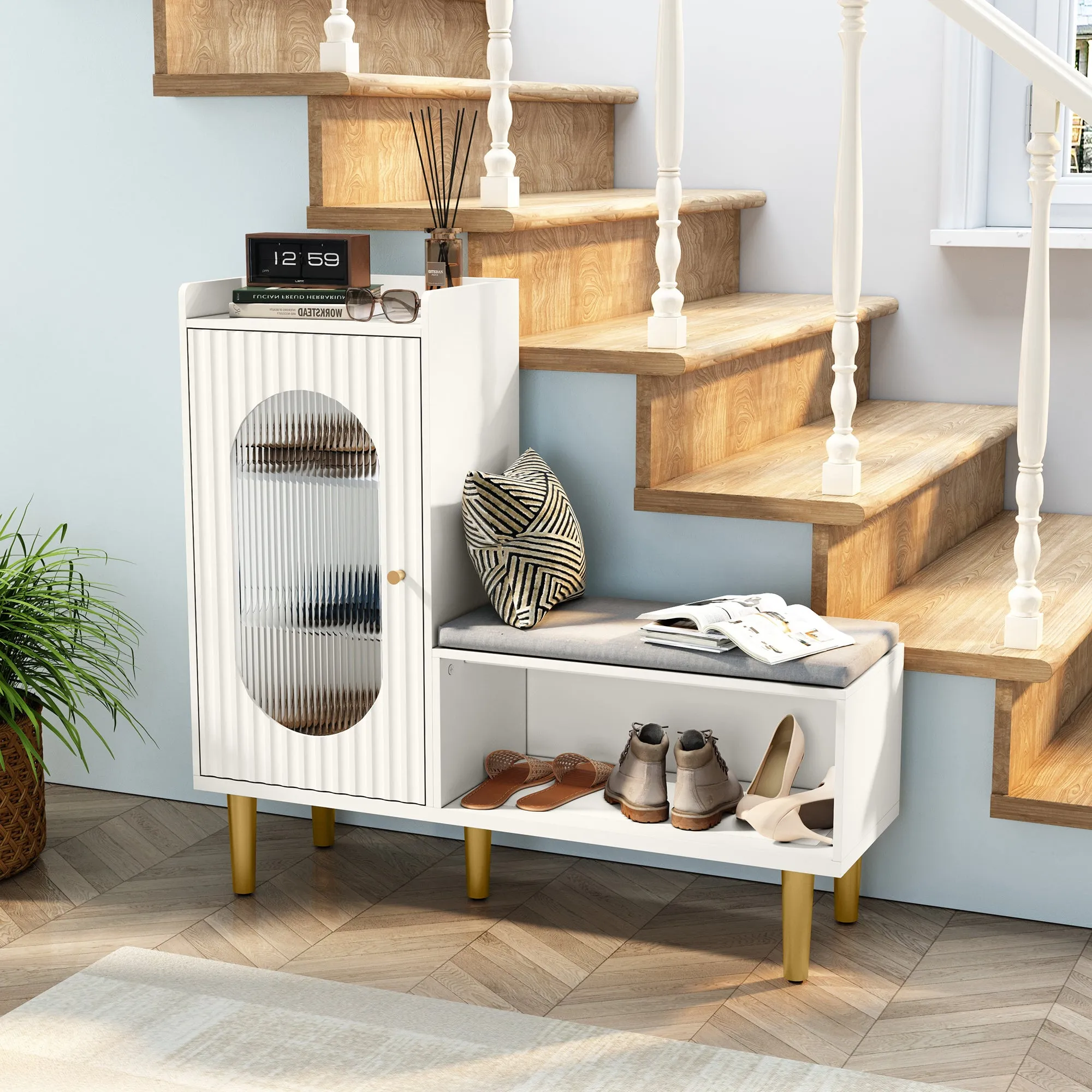 HLR White Modern Shoe Cabinet Bench with Glass Door, Shelf & Padded Seat  Multifunctional Storage for Entryway, Hallway, Living Room & Bedroom