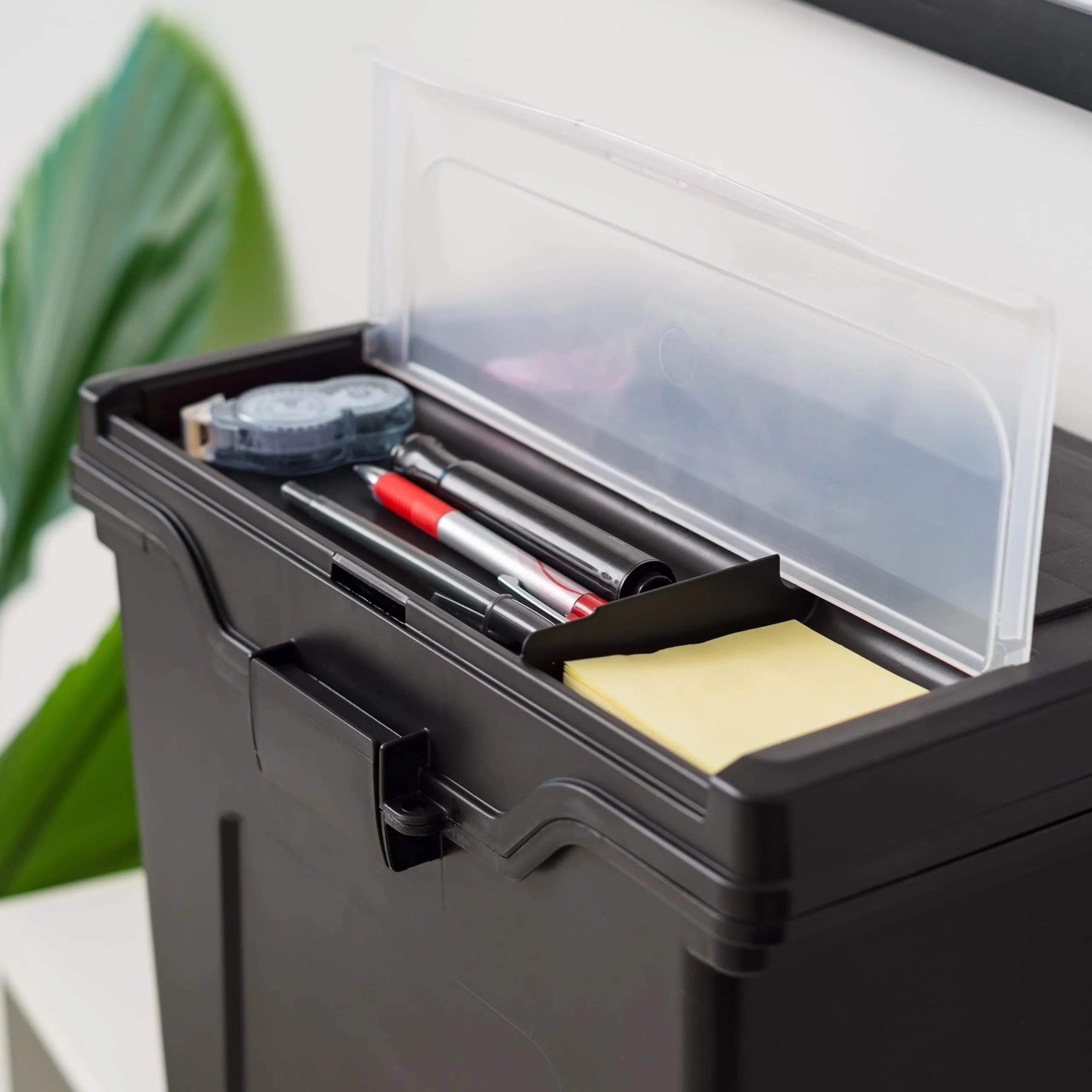 IRIS USA File Box with Lid File Organizer for Letter File w/ Organizer-Lid, Plastic Mobile Filing Organizer, Water Resistant Document Box, Portable File Box with Handle, Secure Buckle, Lockable, Black