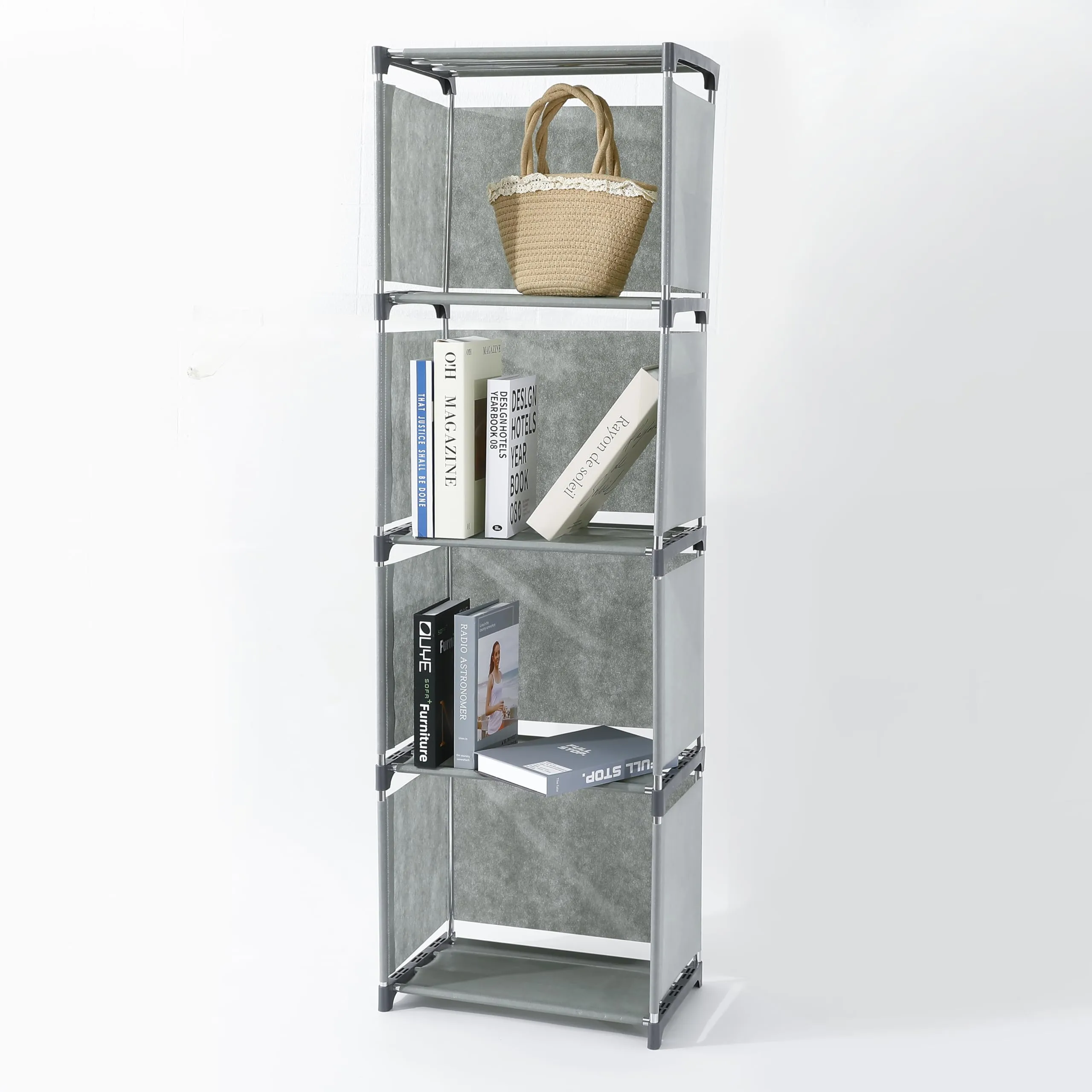 Kuber Industries 4 Layer Book Rack | Book Cabinet Shelves for Bedroom Office Living Room | Storage Shelve for Books Storage Organizer | Multipurpose Strong Build Adjustable Shelf Rack | SJ04G | Grey