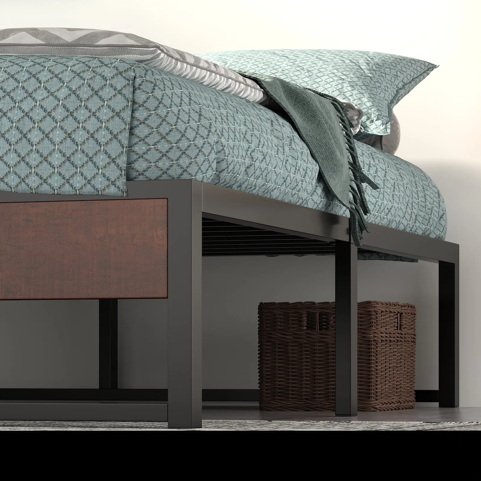 Metal Bed Frame with Storage, Mattress Foundation with Rustic Wood