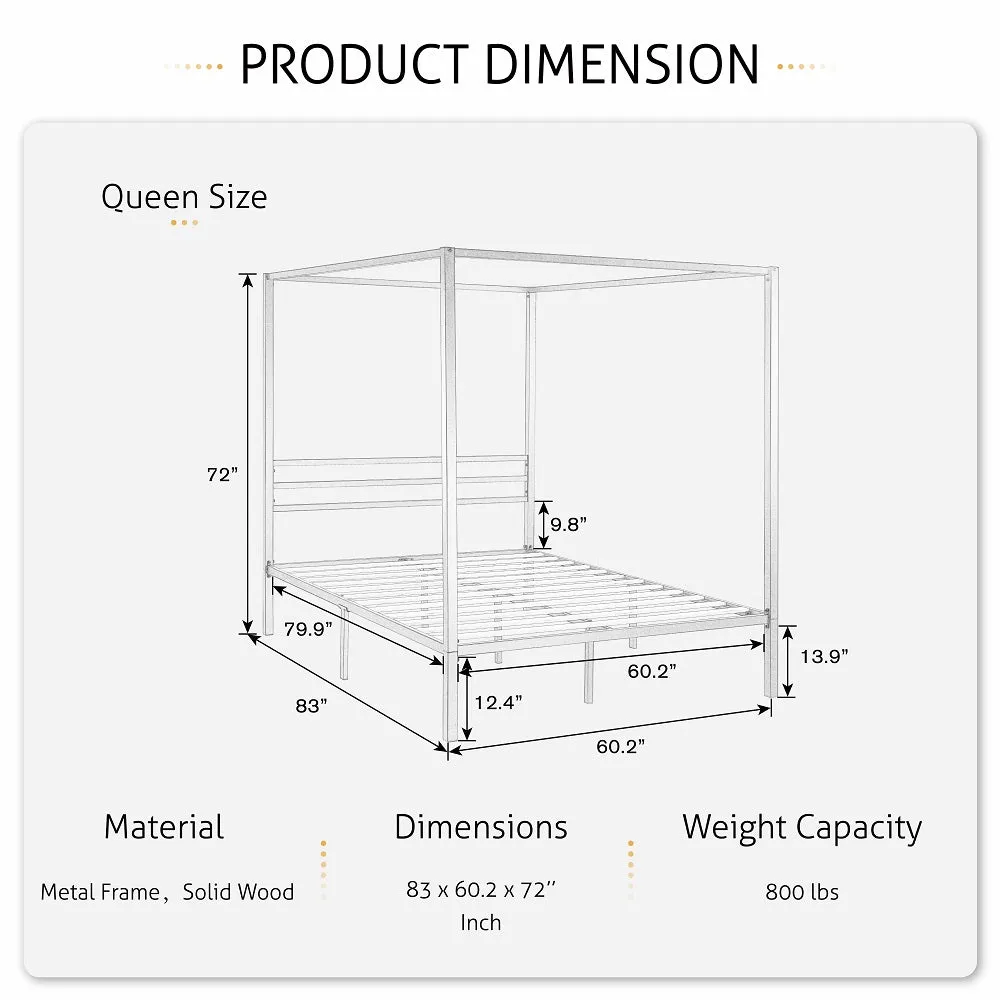 Metal Canopy Platform Bed Frame, No Box Spring Needed, Noise Free
