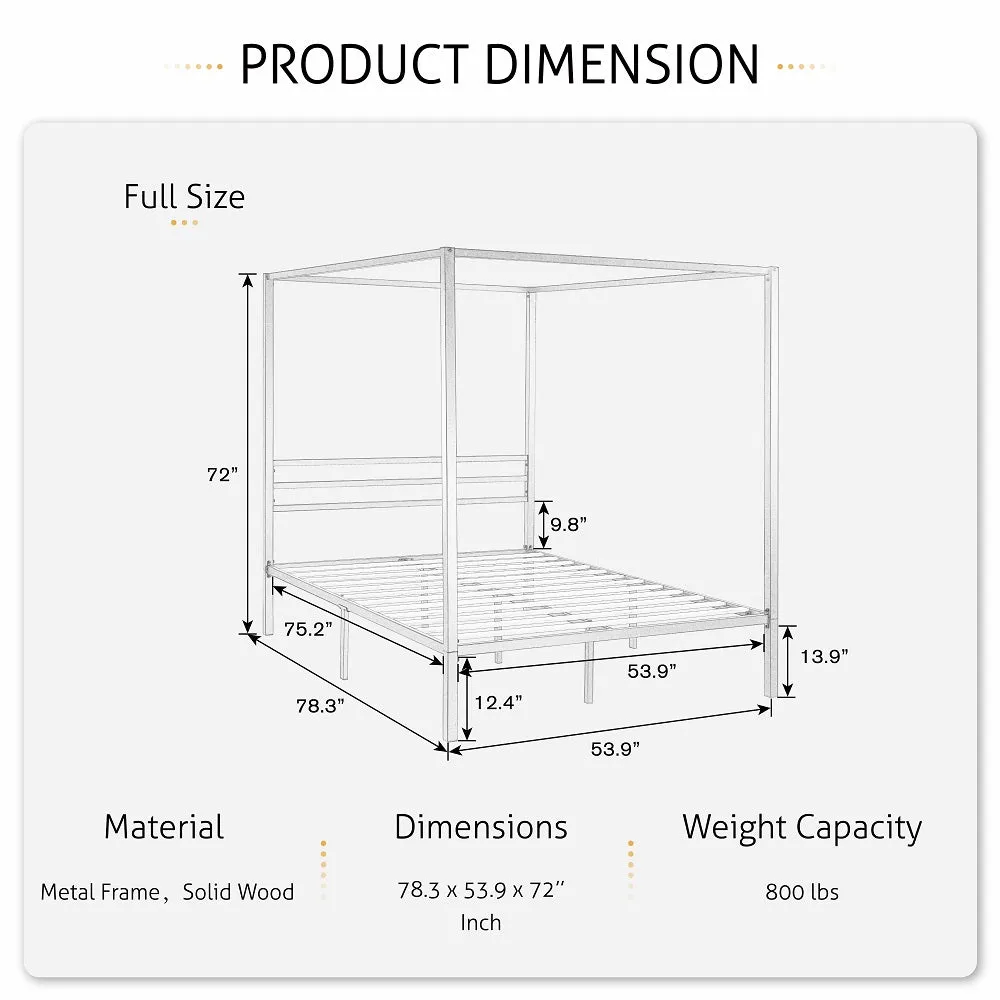 Metal Canopy Platform Bed Frame, No Box Spring Needed, Noise Free