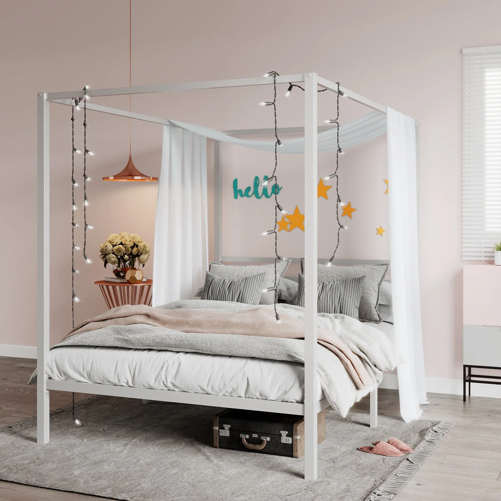 Metal Canopy Platform Bed Frame, No Box Spring Needed, Noise Free
