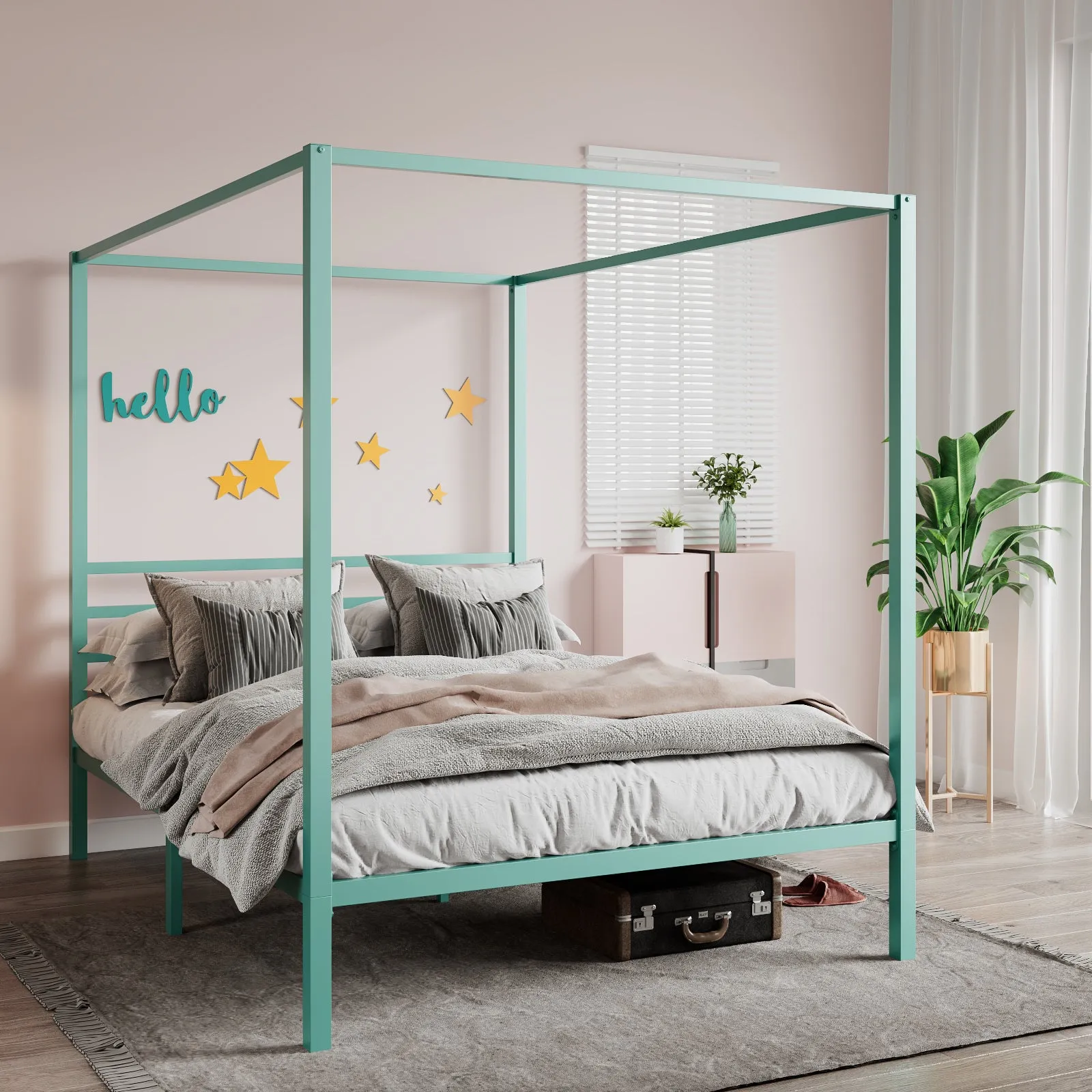 Metal Canopy Platform Bed Frame, No Box Spring Needed, Noise Free