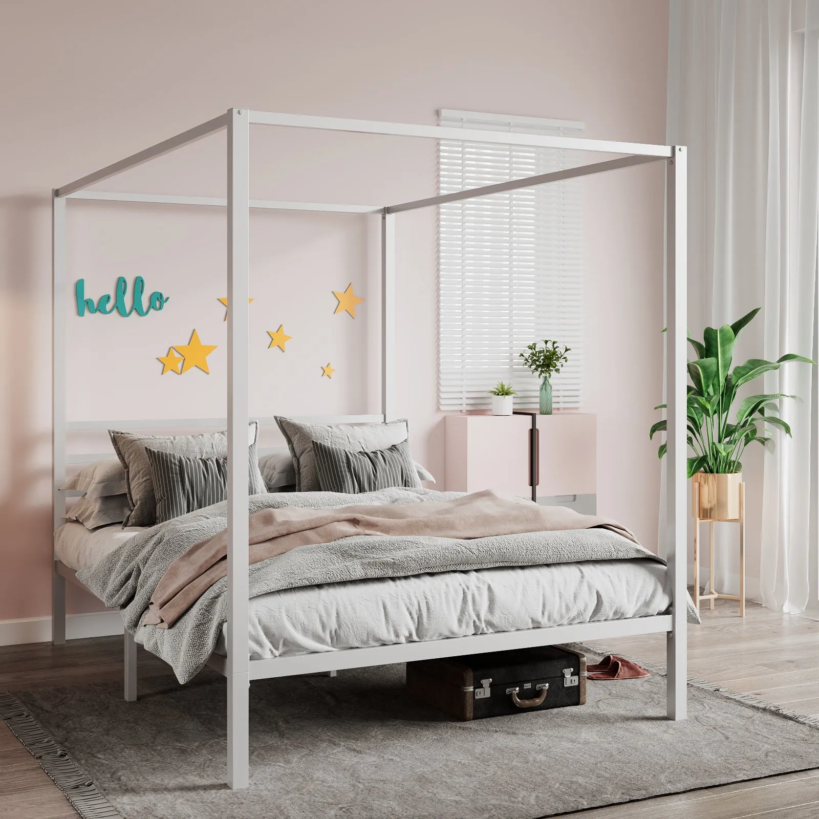 Metal Canopy Platform Bed Frame, No Box Spring Needed, Noise Free