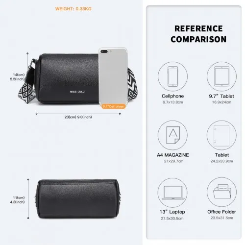 Miss Lulu Lightweight Genuine Leather Crossbody Bag - Elegant Wide Strap Design, Black