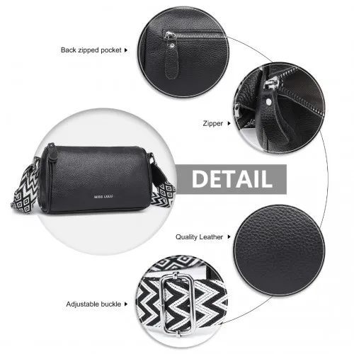 Miss Lulu Lightweight Genuine Leather Crossbody Bag - Elegant Wide Strap Design, Black