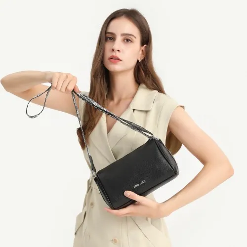 Miss Lulu Lightweight Genuine Leather Crossbody Bag - Elegant Wide Strap Design, Black