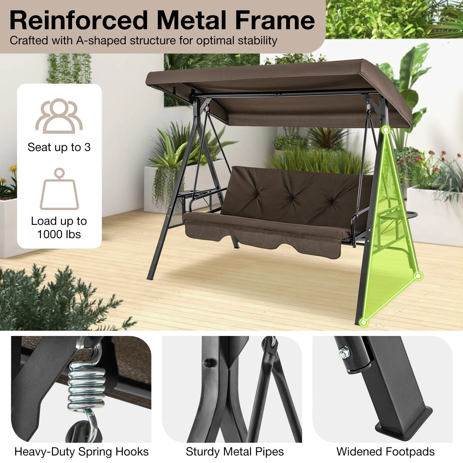 Tangkula 3 Person Porch Swing, 2-in-1 Convertible Patio Swing Bed with Adjustable Canopy, 2 Cup Holder Table