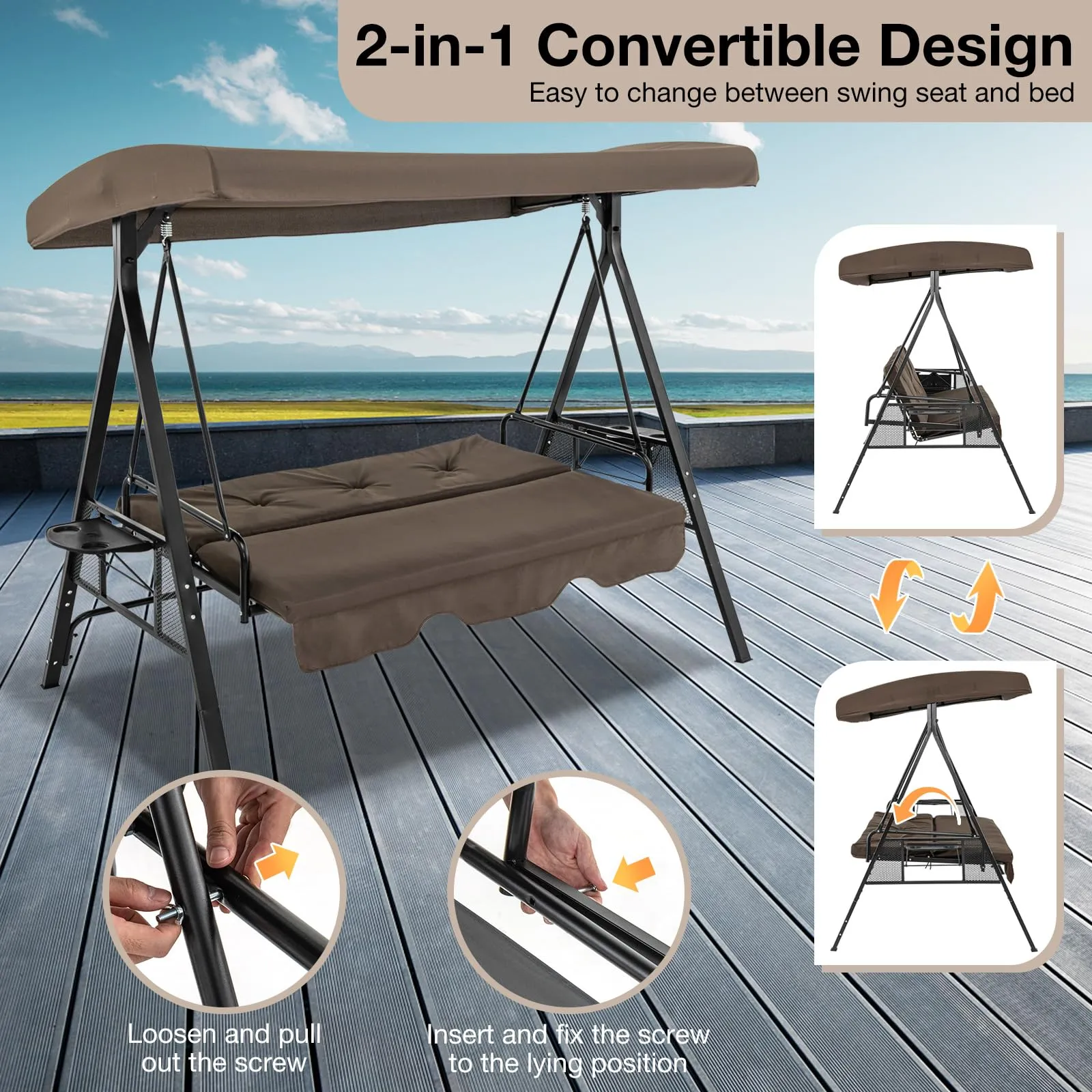 Tangkula 3 Person Porch Swing, 2-in-1 Convertible Patio Swing Bed with Adjustable Canopy, 2 Cup Holder Table