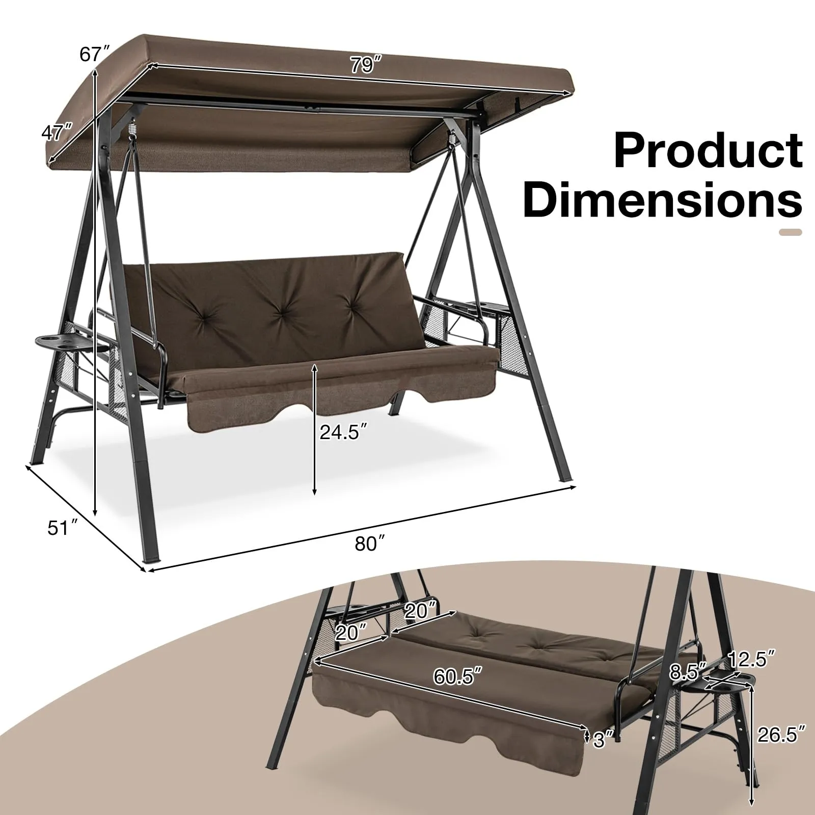 Tangkula 3 Person Porch Swing, 2-in-1 Convertible Patio Swing Bed with Adjustable Canopy, 2 Cup Holder Table