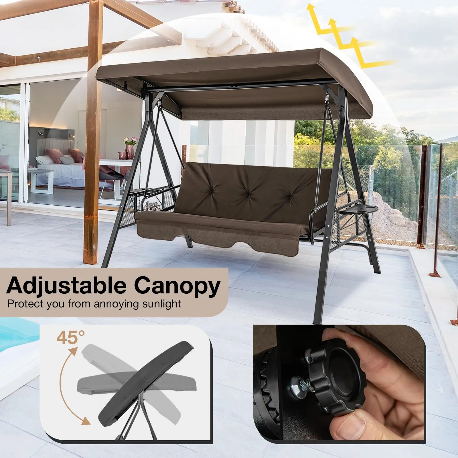 Tangkula 3 Person Porch Swing, 2-in-1 Convertible Patio Swing Bed with Adjustable Canopy, 2 Cup Holder Table