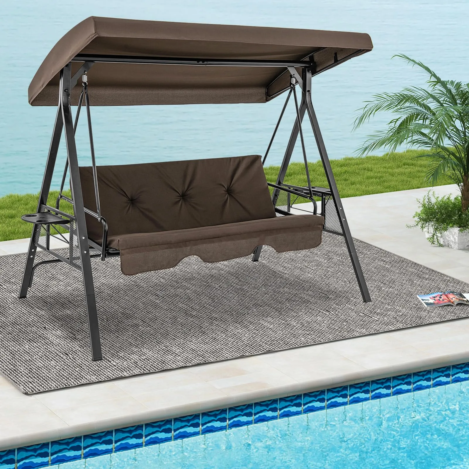 Tangkula 3 Person Porch Swing, 2-in-1 Convertible Patio Swing Bed with Adjustable Canopy, 2 Cup Holder Table