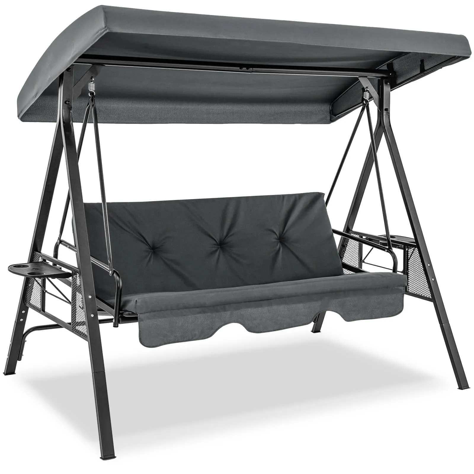 Tangkula 3 Person Porch Swing, 2-in-1 Convertible Patio Swing Bed with Adjustable Canopy, 2 Cup Holder Table