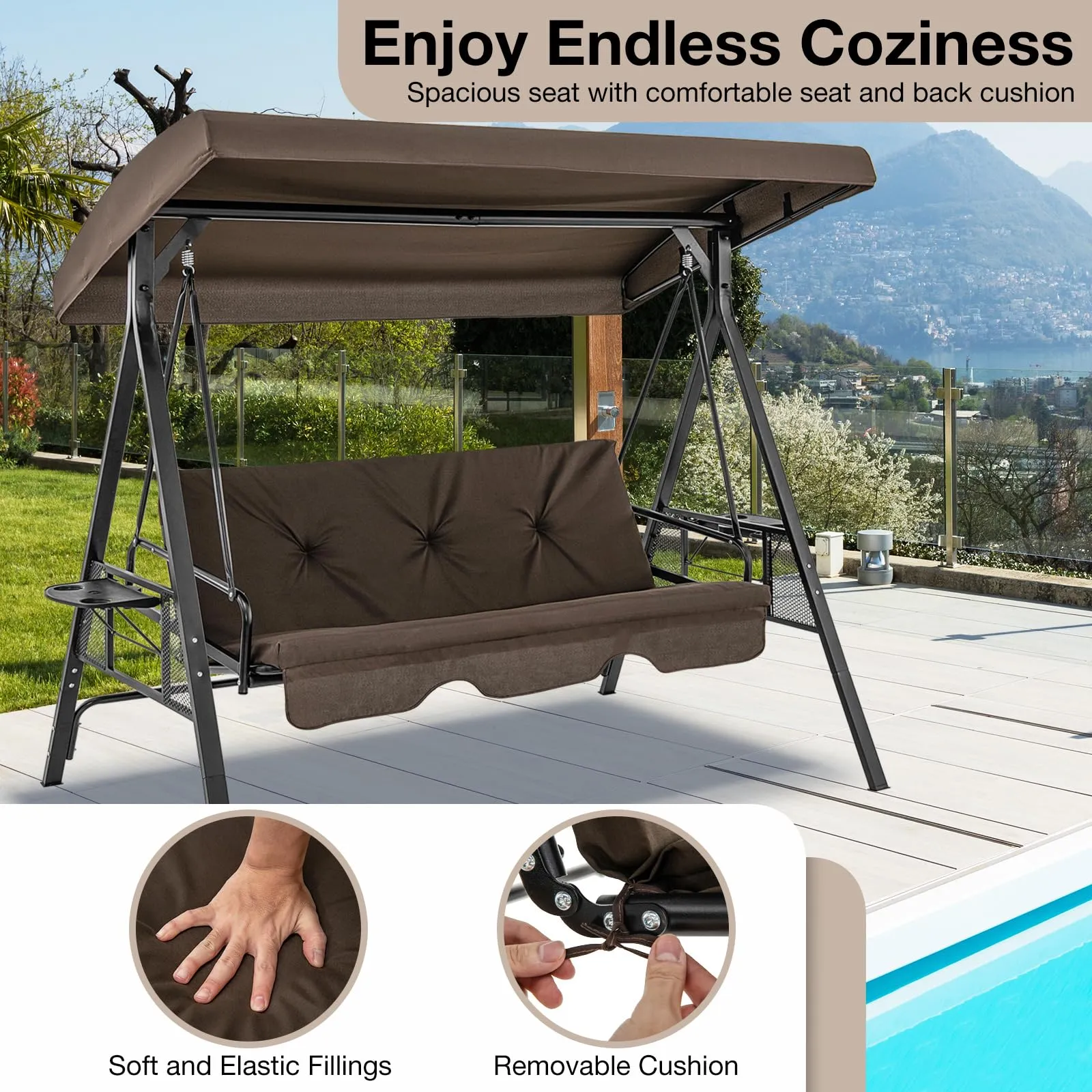 Tangkula 3 Person Porch Swing, 2-in-1 Convertible Patio Swing Bed with Adjustable Canopy, 2 Cup Holder Table