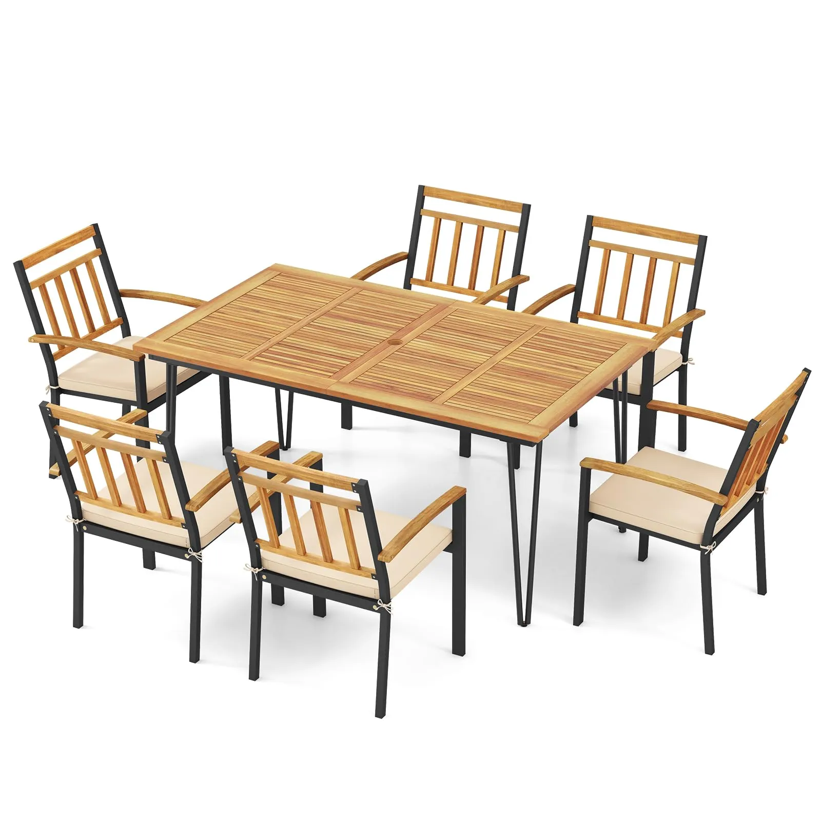Tangkula 7 Pieces Patio Dining Set with Acacia Wood Dining Table & Armchairs, Soft Cushions, 2” Umbrella Hole