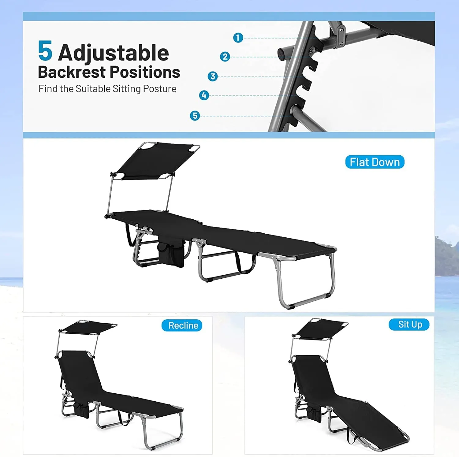 Tangkula Outdoor Folding Chaise Lounge Chair, 5-Fold Reclining Beach Chair