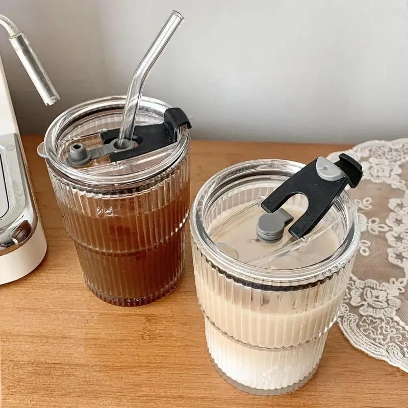 Zephorus 450ml Drink Coffee Glass Cup with Lid and Straw Transparent Bubble Tea Cup Juice Glass Milk Mocha Cup Breakfast Mug (Pack of 1)